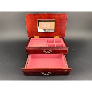 Vintage Wooden Jewelry Box w Drawer Mirror Mahogany Ring Organizer Storage
